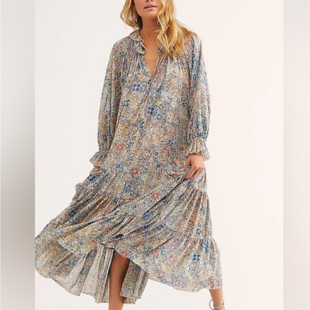 Free People Floral Maxi Dress in Blue and Cream